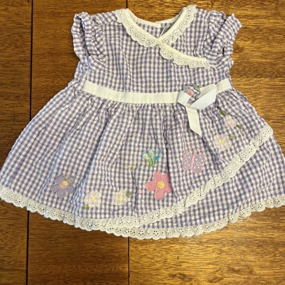 Youngland Purple Gingham Dress with Floral Embroidery